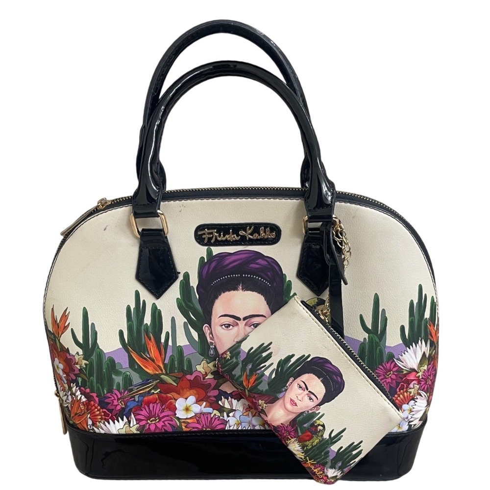 Frida Kahlo Dome Satchel Bag and Matching Coin Pouch Black Patent Cream Floral